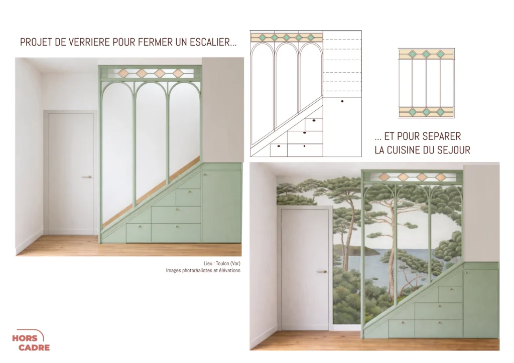 Verrière Pièce sans fenêtre escalier cuisine lumière optimisation d'espace rénovation